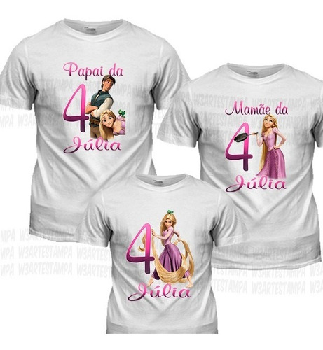 3 Camisetas Rapunzel Enrolados Aniversario Kit Camisa Festa