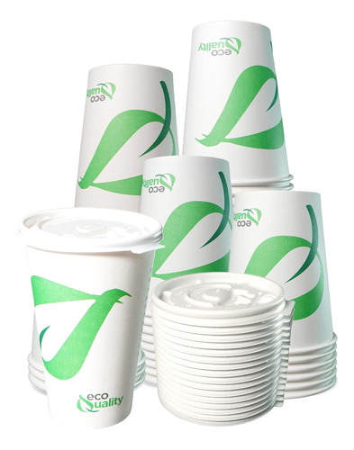 Vasos De Papel Compostables De 16 Oz Con Tapas Planas Blanca