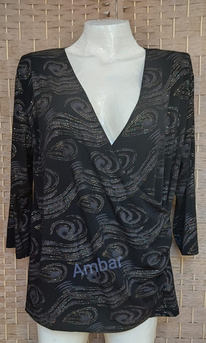 Blusa Negra Con Lurex (brillos) Escote V Manga 3/4