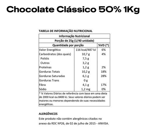 Caixa Barra De Chocolate Chocolife 50% Cacau Sem Açúcar 5kg