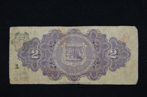 Billete El Banco Oriental De Mexico $2 Pesos 1914 (Usado)