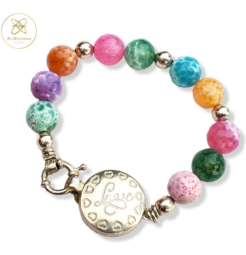 Imagen 1 de 8 de Pulsera Plata C/piedras Naturales De Colores Cierre Love