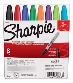 Sharpie Plumones Permanentes, Punta Fina Colores 8 Piezas