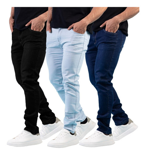 Kit 3 Calças Jeans Sarja Masculina Skinny C/ Lycra Coloridas