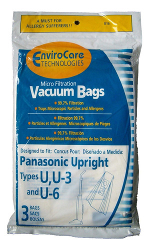 3 Bolsas Verticales Para Aspiradora Panasonic U, U-3 Y U-6,