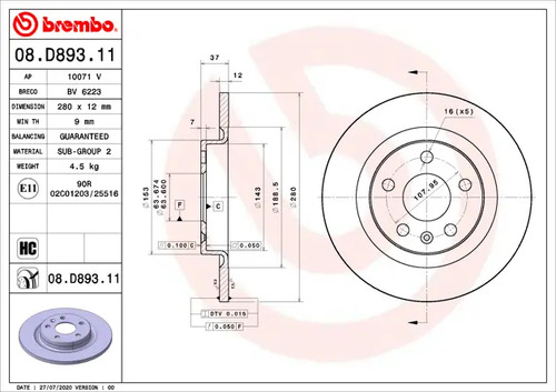Disco Brembo Volvo Xc40 T5 R-design 2021 Pza Trasero