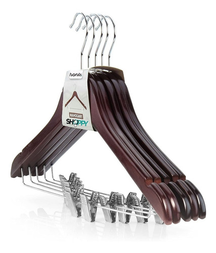 Imagen 3 de 10 de Pack De 50 Perchas Shoppy Por Mayor Percha 44 Cm Madera Lustrada Color Caoba Con Broche Gancho Para Pantalon Pollera