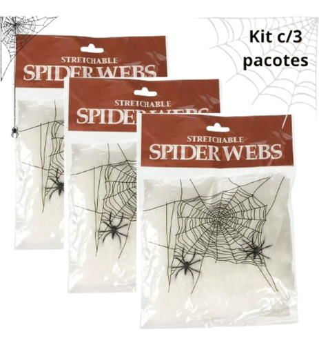 Kit 3 Enfeites Teias De Aranha Falsa Branca Festa Halloween