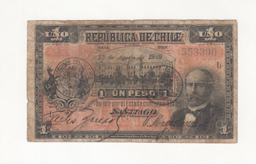 Billete Chile 1 Peso 13 Agosto 1919 Ij (c85)