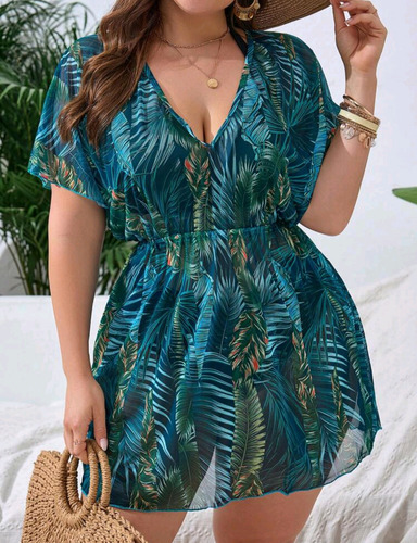 Salida De Playa Con Mangas Tipo Murciélago Talla Extragrande Multicolor Bosque 3xl