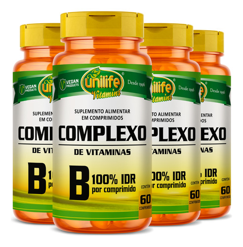 Kit C/4 Complexo B - B1 B2 B3 B5 B6 B12 Biotina-comp Unilife