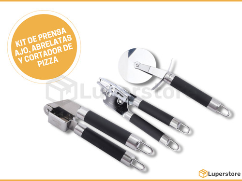 Kit X3 Utensilios Prensa Ajo, Abrelatas Y Cortador De Pizza