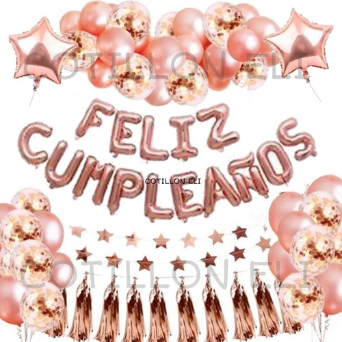 Set Feliz Cumpleaños Rosa Gold Estrella Confeti Borlas Globo