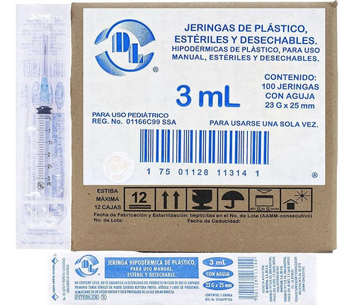 Jeringa De Plastico 3 Ml C/aguja 23gx25mm Estéril C/100pza