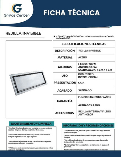 Imagen 2 de 3 de Rejilla Sifon Piso Invisible 20cm X 10cm Acero 304