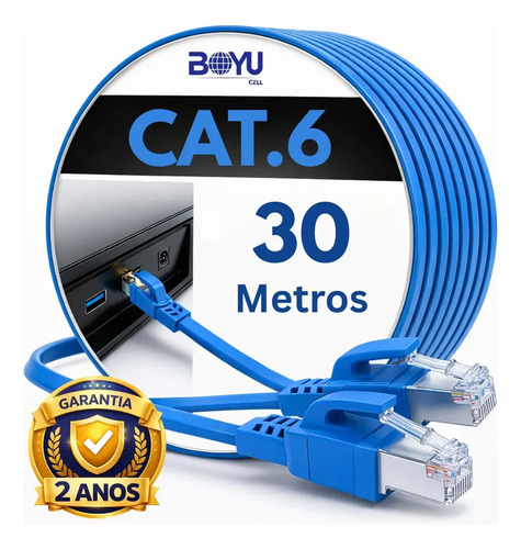 Cabo De Rede Internet 30m 30 Metros Cat6 Azul Crimpado Giga Lan Ethernet Boyu Cell
