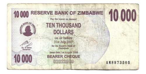 Liquido Billete De Zimbabwe.  10.000 Dólares 2006 Bearer 