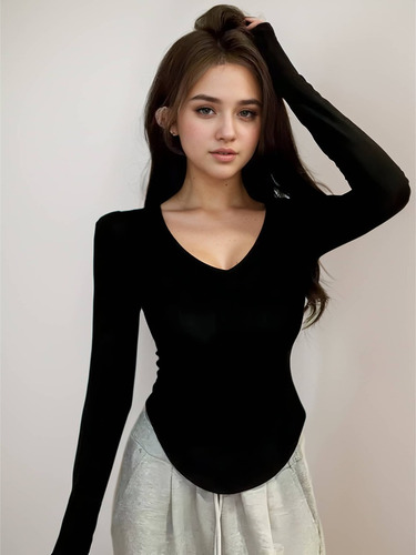 Camiseta Mujer Color Sólido Sexy Cuello V Manga Larga Moda