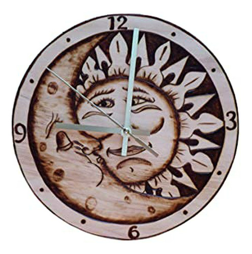 Reloj De Pared Artesanal De Madera Quemada Sol Luna
