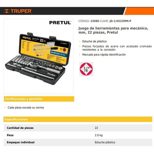 Juego De Herramienta Copas 22 Piezas, Milimetrico 1/4 Pretul