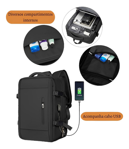 Mochila Anti Furto Notebook Saída Cabo Usb Fone Reforçada Cor Preto