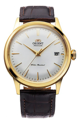Reloj Orient Ra-ac0m01s Hombre Bambino Automático Color De La Malla Marrón Color Del Bisel Dorado Color Del Fondo Plateado