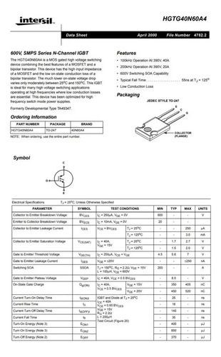 Transistor Igbt Hgtg40n60 Hgtg 40n60 Hgtg 40 N 60 Canal N