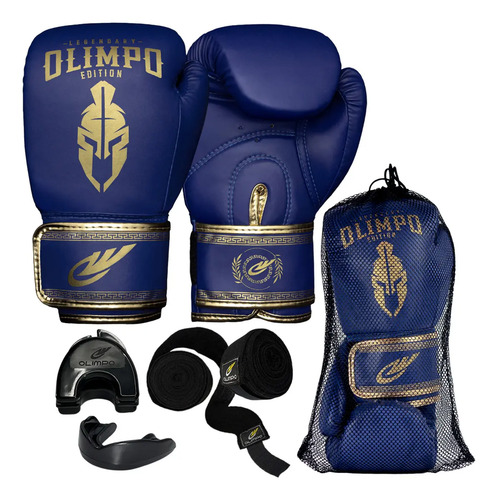 Luva De Boxe Muay Thai + Bandagem + Bucal + Case Kickboxing Cor Azul/dourado Tamanho 16oz