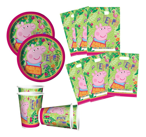 Platos, Vasos Y Bolsas De Dulce Temática Peppa Pig 18 Uni