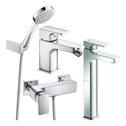 Set Griferia Roca Escuadra Lavat Alto+ducha Ext S/t+bidet P