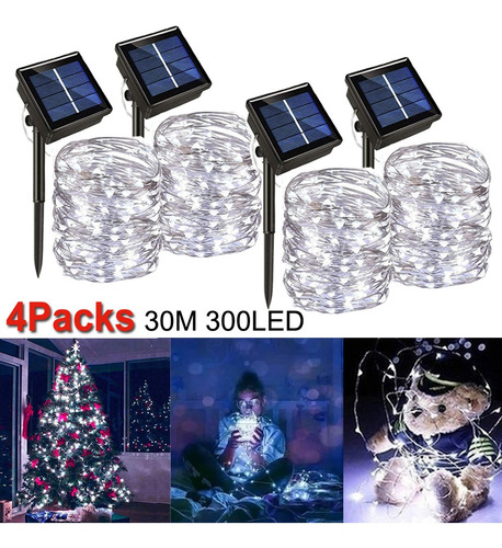 300 Luces Led Solares De 30 M Para Navidad, 4 Paquetes