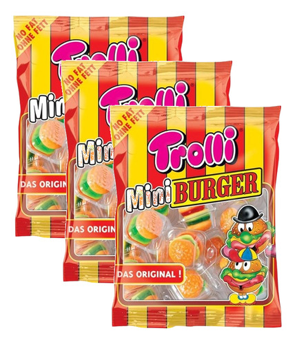 3 Mini Burguer Trolli Goma Importada Formato Hambúrguer 90g