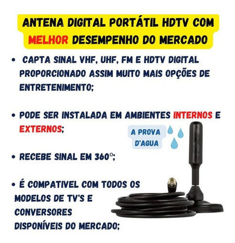Antena Digital Interna Externa Hdtv Portátil Tv Prova Agua