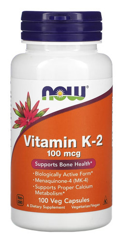 Vitamina K2 100 mcg Now Foods, 100 cápsulas vegetales, sabor sin sabor