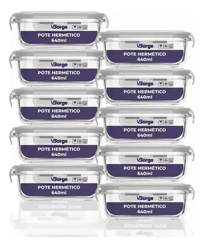 Conjunto 10 Potes 640ml Vidro Hermético 4 Travas Marmita Aura Do Brasil