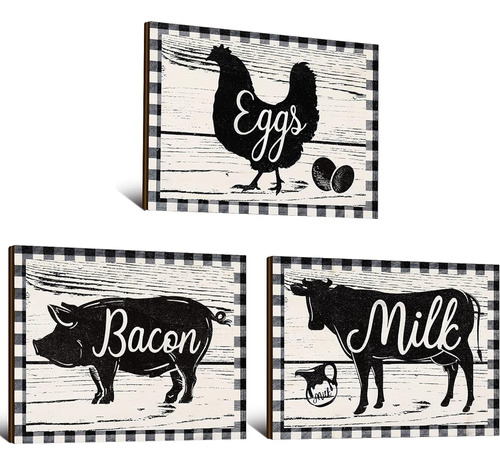 ~? 3 Piezas Farmhouse Kitchen Signs Gallo De Vaca Y Cerdo 7.