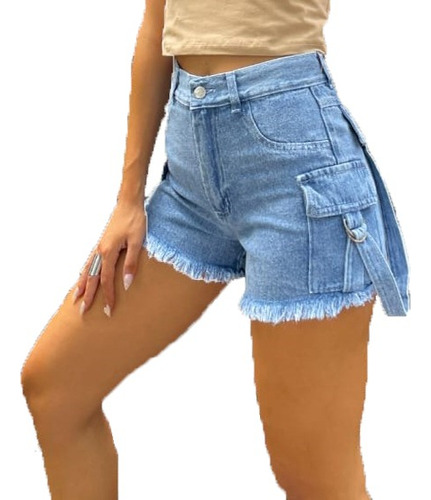 Short Mom Jean Mujer Dama Cargo Bolsillos Rigido Premium