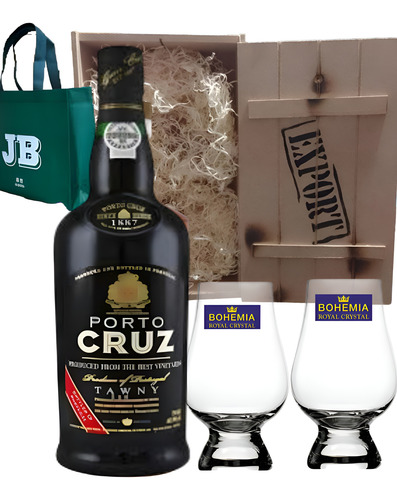 Vino Porto Cruz Ruby + 2 Vasos Cristal En Caja De Madera