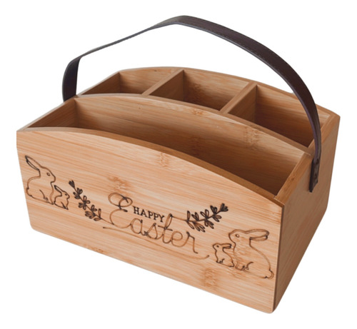 Porta Talheres De Mesa Em Bambu Com Alça Páscoa Happy Easter Cor Marrom