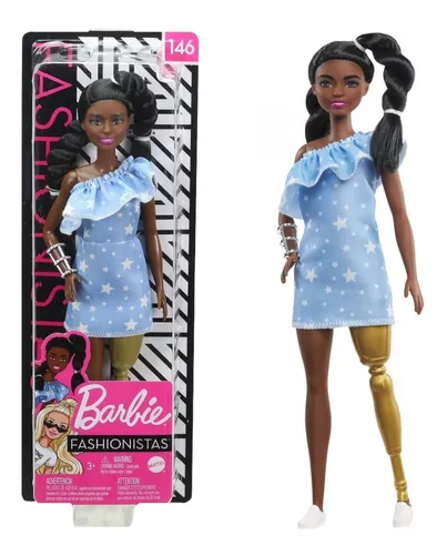 Boneca Barbie Fashionistas Morena Negra Com Prótese Na Perna