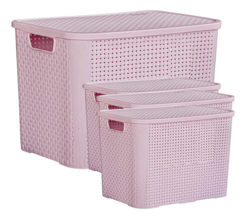 Kit 4 Caixas Rattan Organizadoras 70 E 25 Litros Com Tampa Cor Rosa