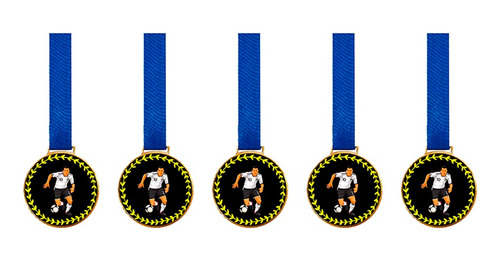 Kit C/5 Medalhas De Futebol C/fita Azul 50mm Personalizada