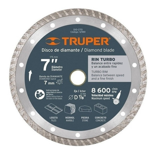 Disco Cortar Truper Diamantado Turbo # Did-270 7 Pulgadas