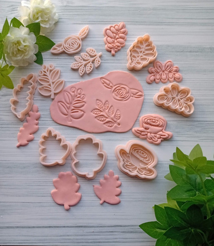 Set Cortantes Marcadores Flores Y Hojas Stamp Sello Cookie