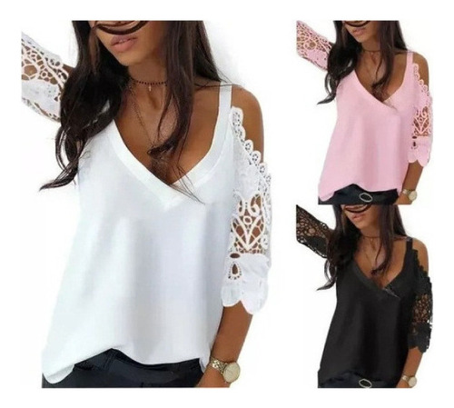 Blusa Casual De Encaje Liso Con Hombros Descubiertos Y Cuell