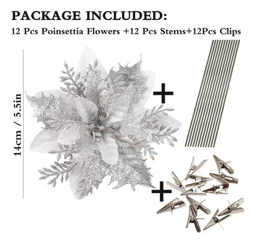 10 Flores Artificiales De Nochebuena Plateadas De 14 Cm Para