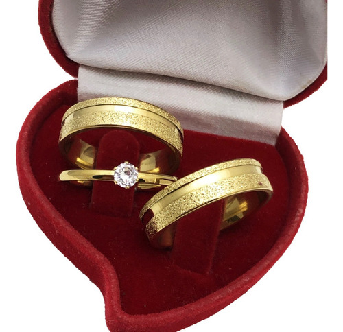 Par De Alianças 6mm Banhada Ouro 24k Casamento E Solitário