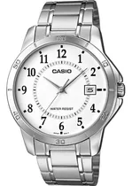 Comprar Relógio de pulso Casio Enticer MTP-V004 com corpo prata, analógico, para masculino, fundo branco, com correia de aço inoxidável cor prata, agulhas cor prata, subdials de cor preto, ponteiro de minut