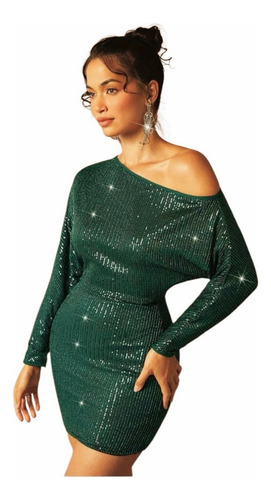 Vestido Corto Verde Lentejuelas A Un Hombro - Shein Bae