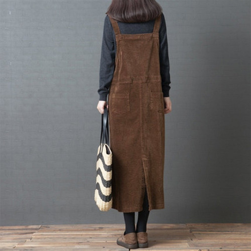 Nueva Moda Mujer De Pana Vestido Vintage Bolsillo Correa